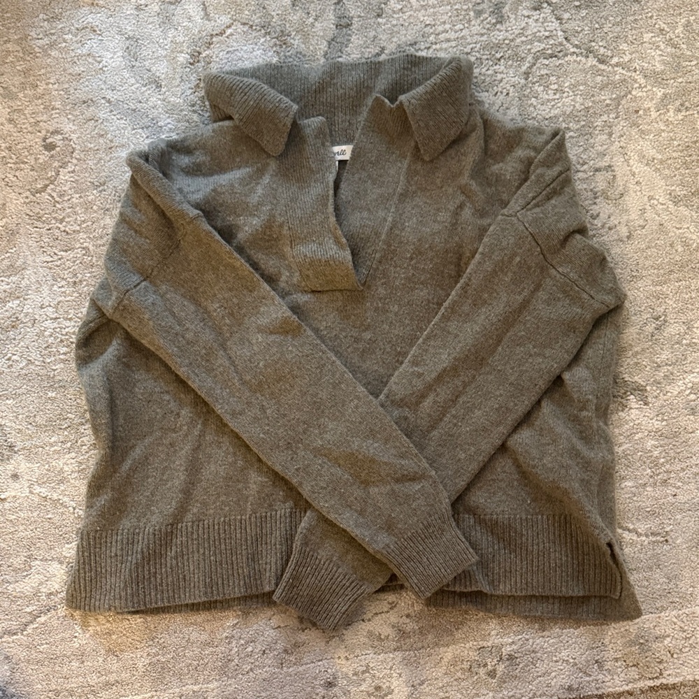 Madewell Olive Knit Collared V-Neck Wool Sweater